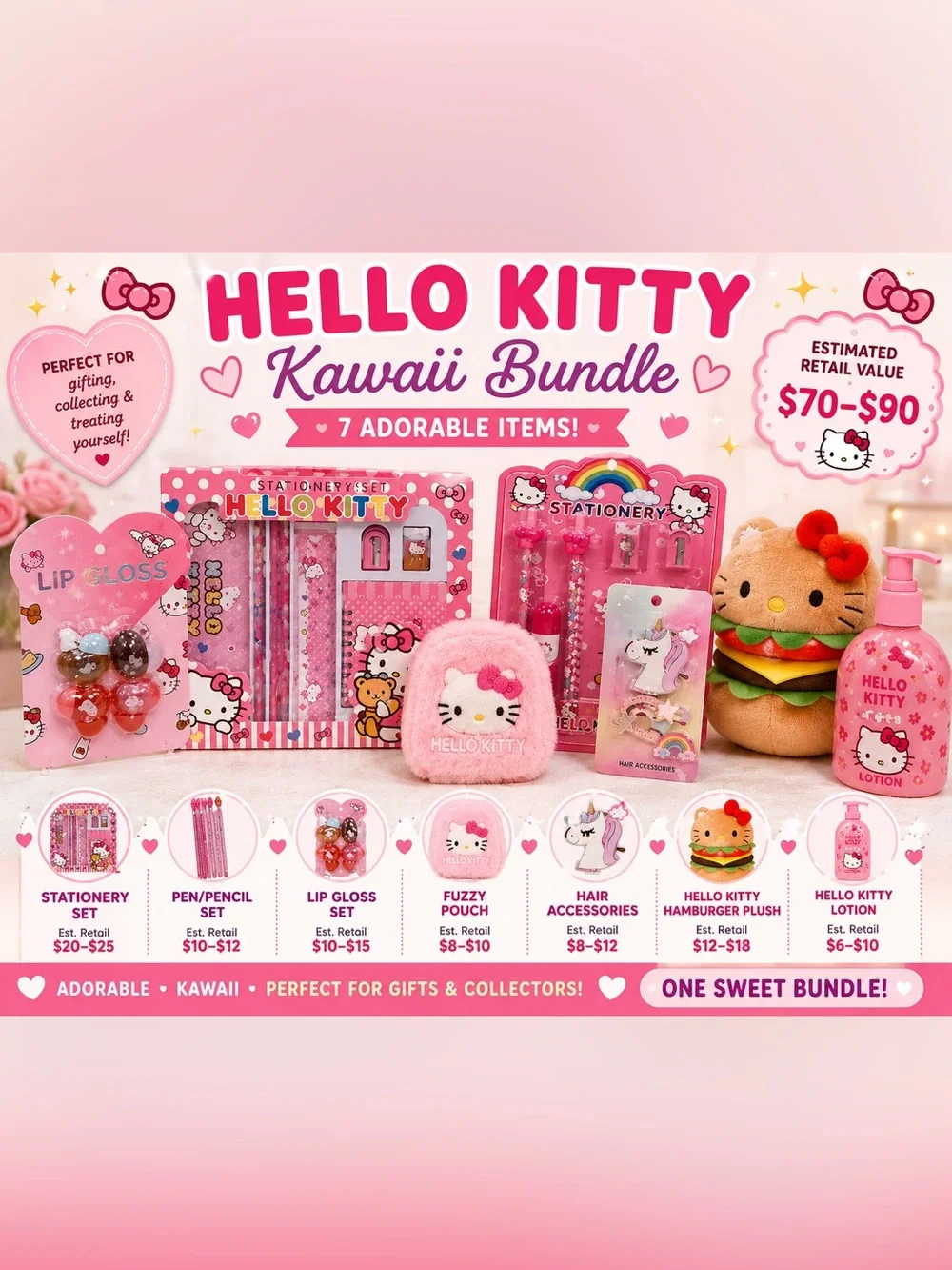 Hello Kitty Pink Kawaii Accessories Bundle - Plush Pouch & Stationery